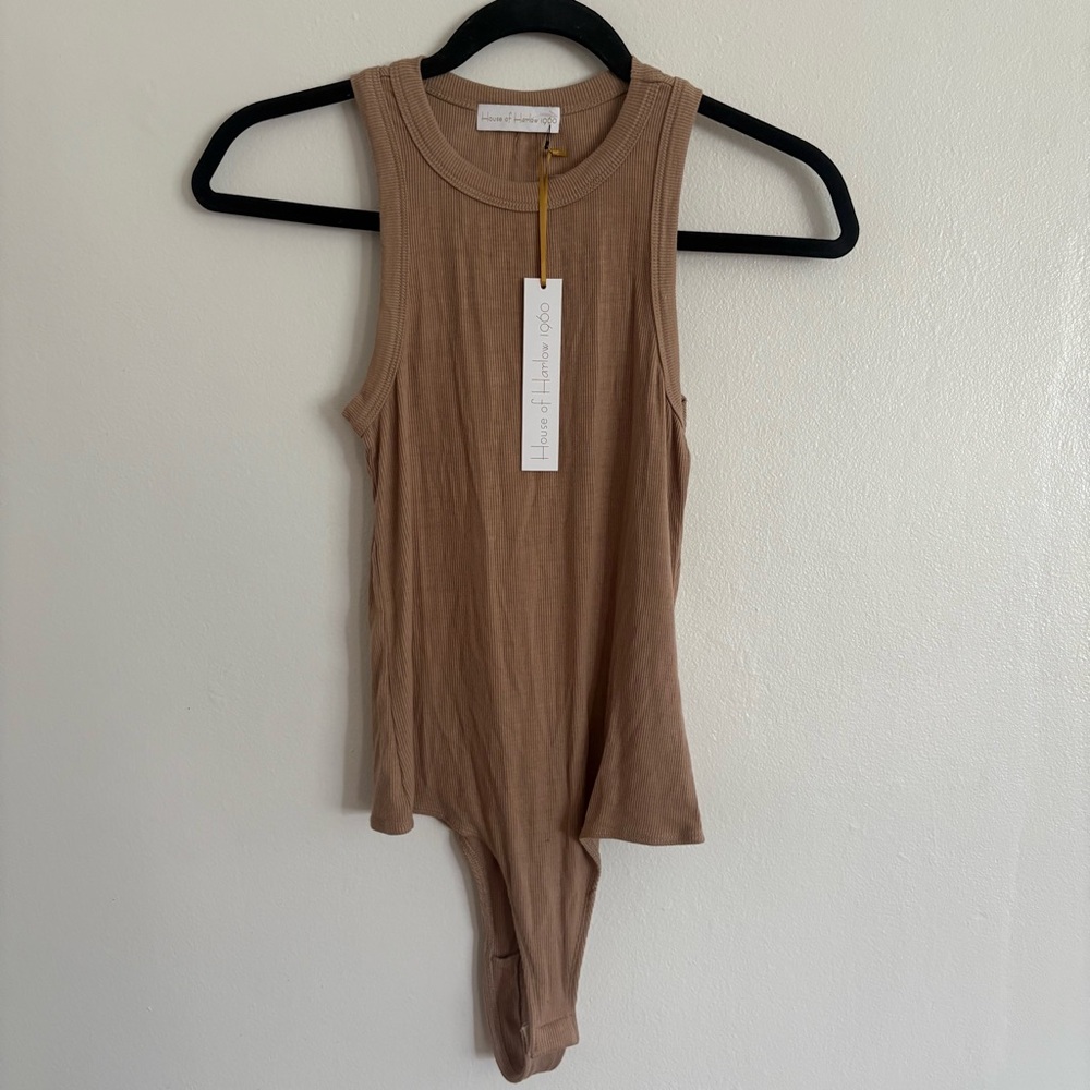 NEW House of Harlow 1960 Ribbed Tank Top Bodysuit Brown Small